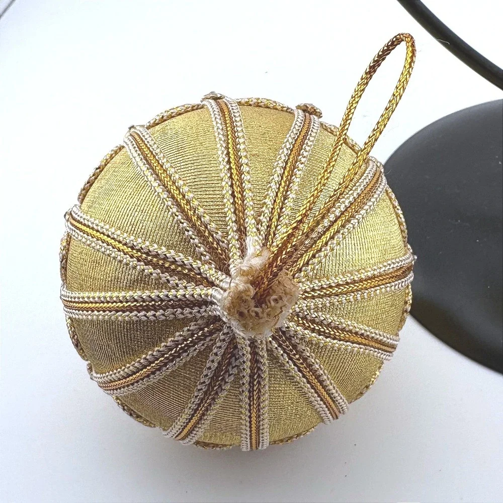 Vintage Gold Satin Christmas Ornaments‎ Set 2 Metallic Braided Trim Bead Accents